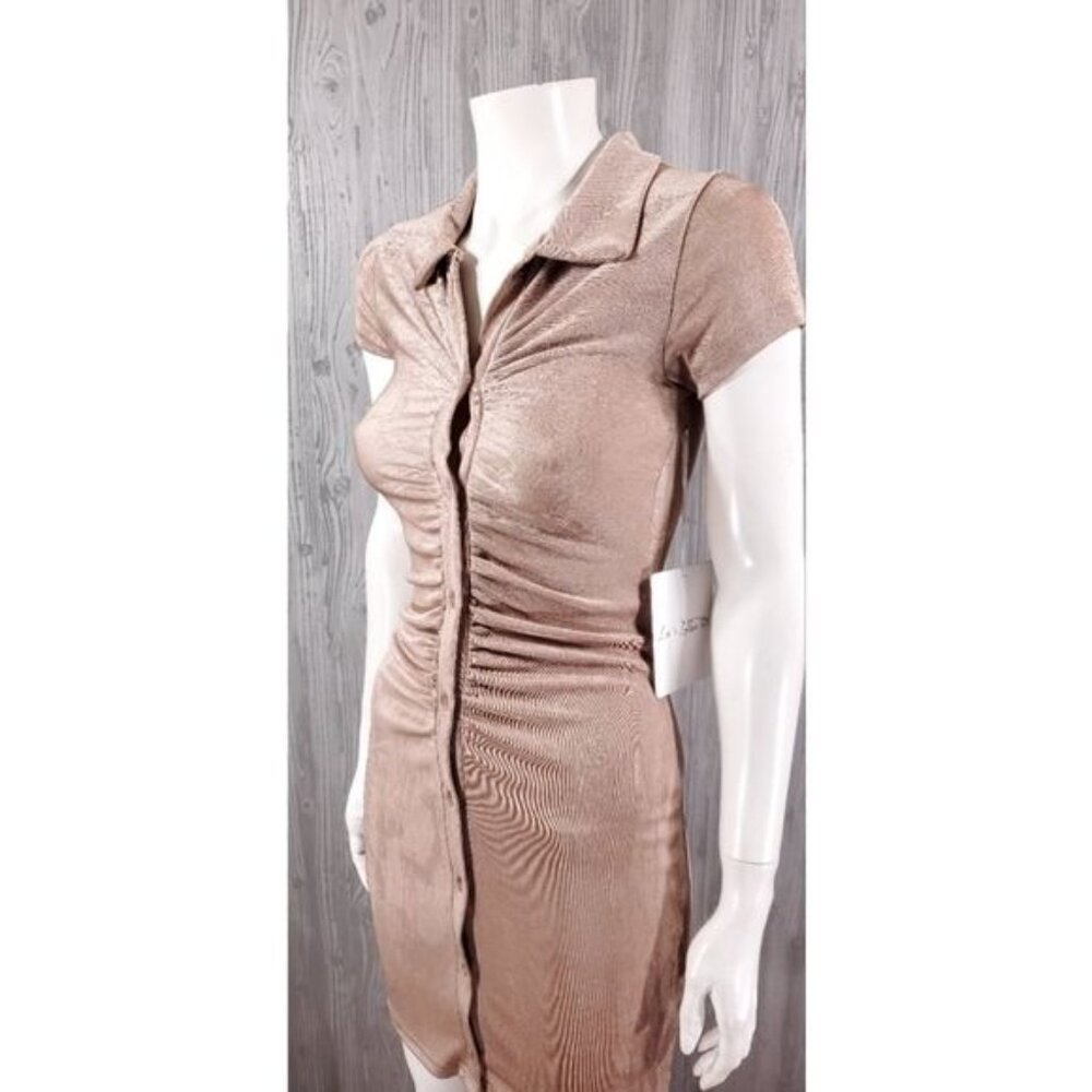 Ruched Slinky Andy Metallic Taupe Button Down Shirt Mini Dress With Jean - Picture 6 of 8